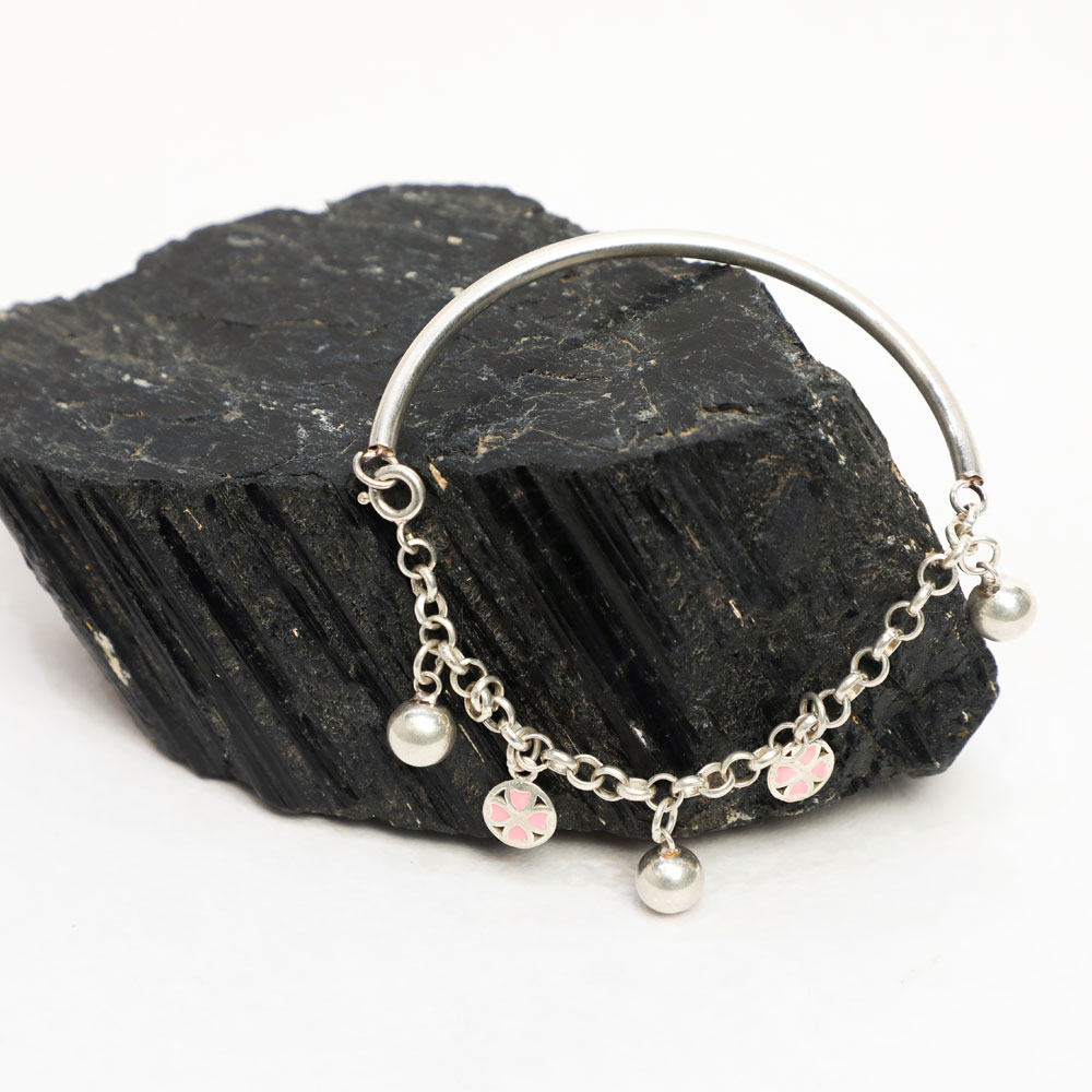 3M9A0601 Pink Enamel Floral Charm Hybrid Kada Bracelet in 925 Sterling Silver - Image 1