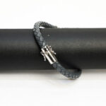 Braided Grey Leather Gents Bracelet with Swarovski Studded 925 Sterling Silver Clasp